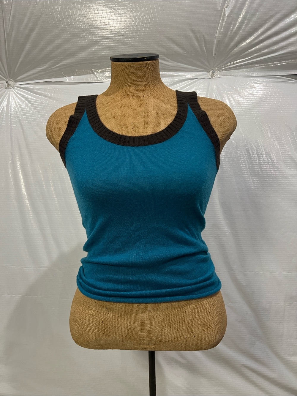 Tory Burch TRE Women Sleeveless 100% Cashmere Tank Top Turquoise Brown Sz Small,